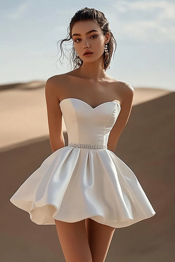 Sweetheart White A Line Satin Graduation Dress with Beading